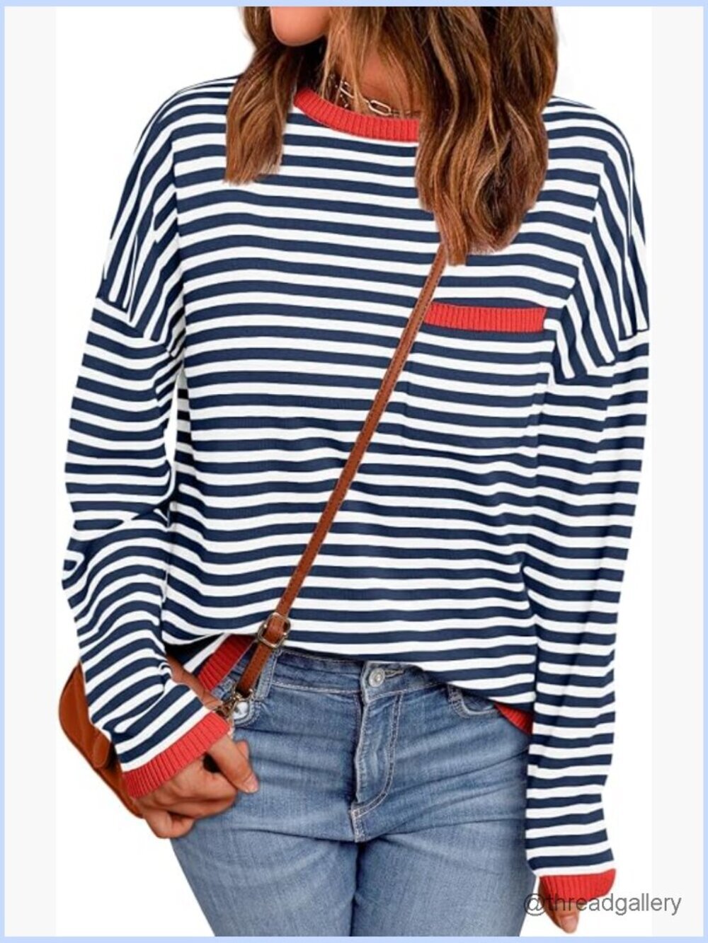 Striped Soft Knit Pullover Sweater Loose Fit with Chest Pocket